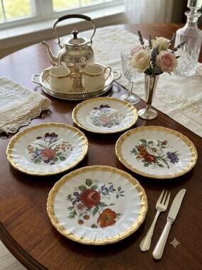 Vintage Golden Crown E&R Western Germany Floral Plates Dishes Set of 4